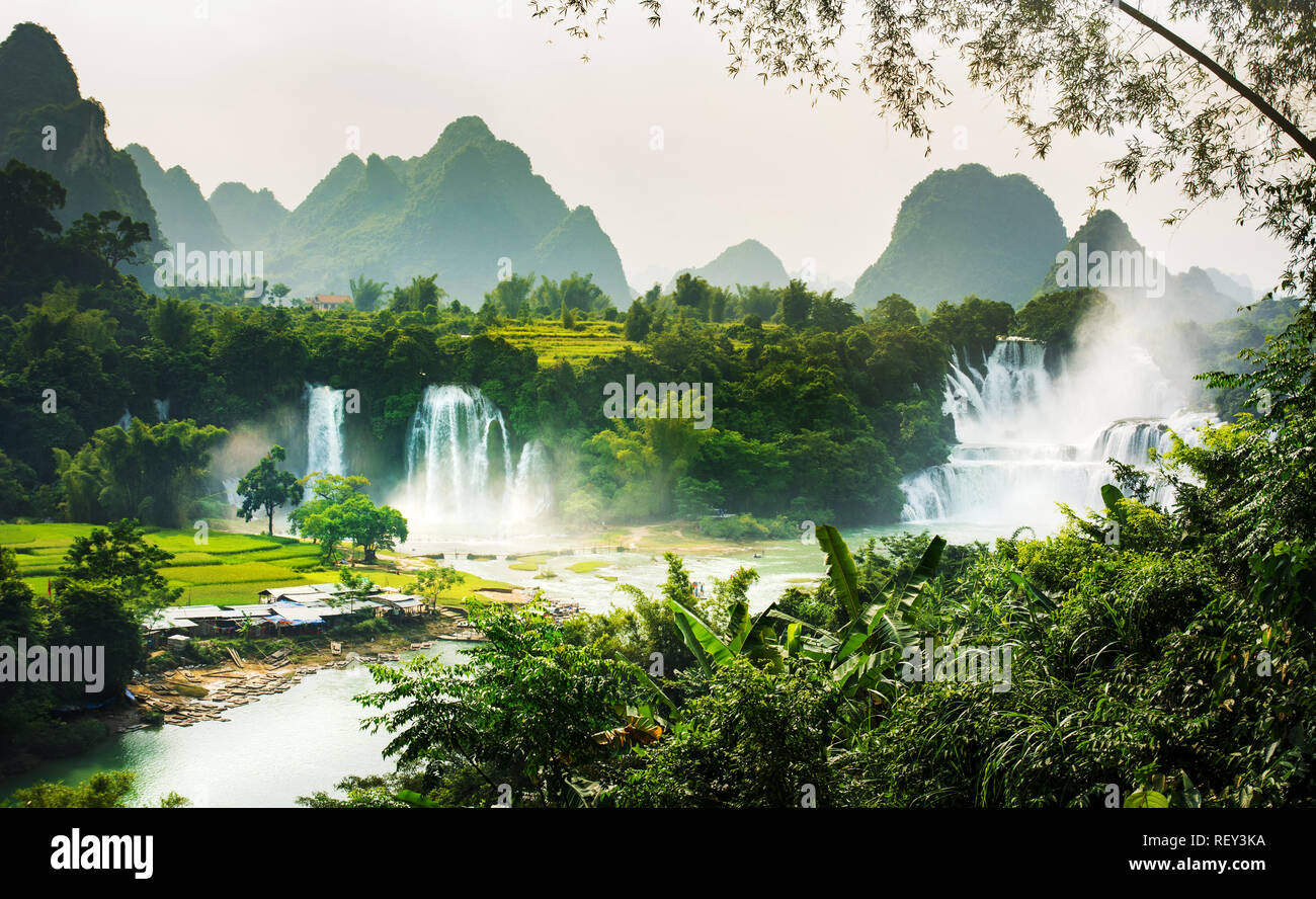Ban Gioc Detian waterfall on China and Vietnam border panorama Stock Photo