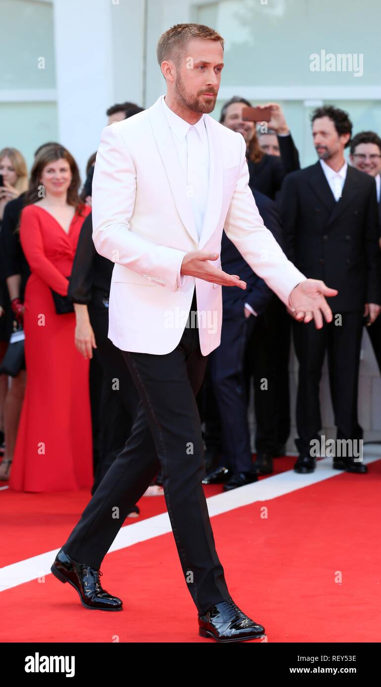 VENICE, ITALY – AUG 29, 2018: Ryan Gosling walks the red carpet ahead of the 'First Man' screening at the Venice Film Festival (Ph: Mickael Chavet) Stock Photo