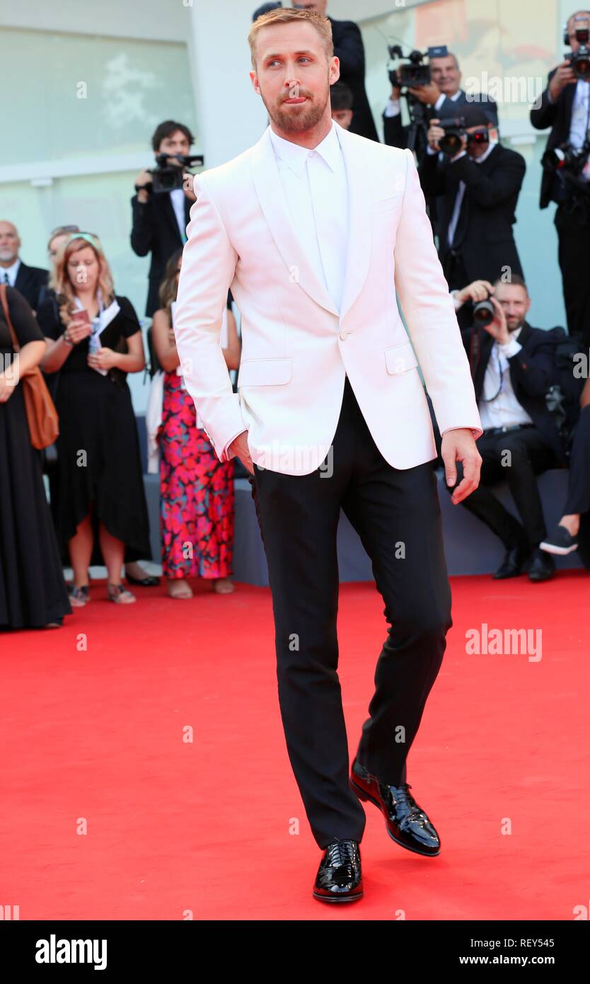 VENICE, ITALY – AUG 29, 2018: Ryan Gosling walks the red carpet ahead of the 'First Man' screening at the Venice Film Festival (Ph: Mickael Chavet) Stock Photo