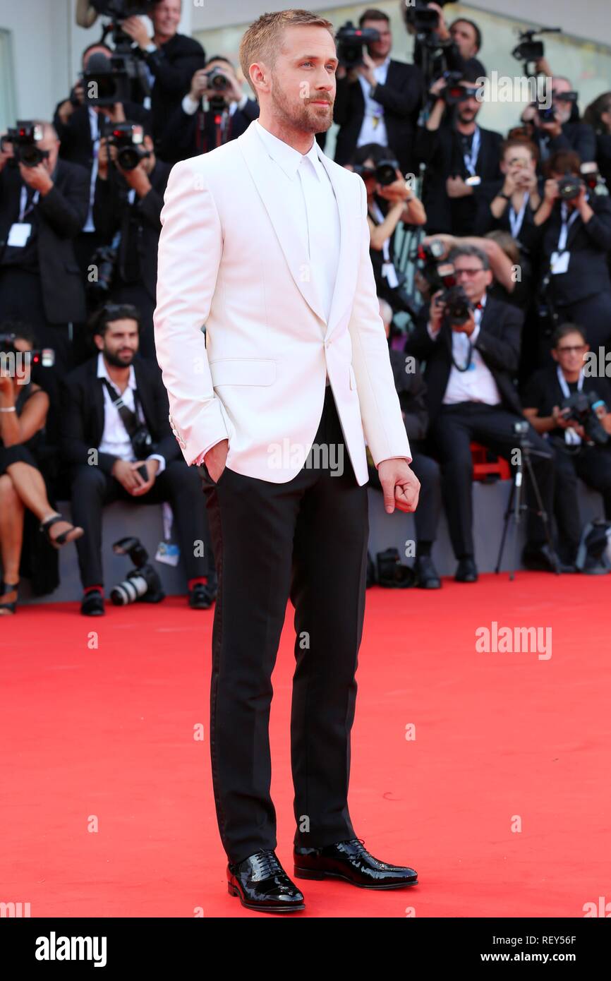 VENICE, ITALY – AUG 29, 2018: Ryan Gosling walks the red carpet ahead of the 'First Man' screening at the Venice Film Festival (Ph: Mickael Chavet) Stock Photo