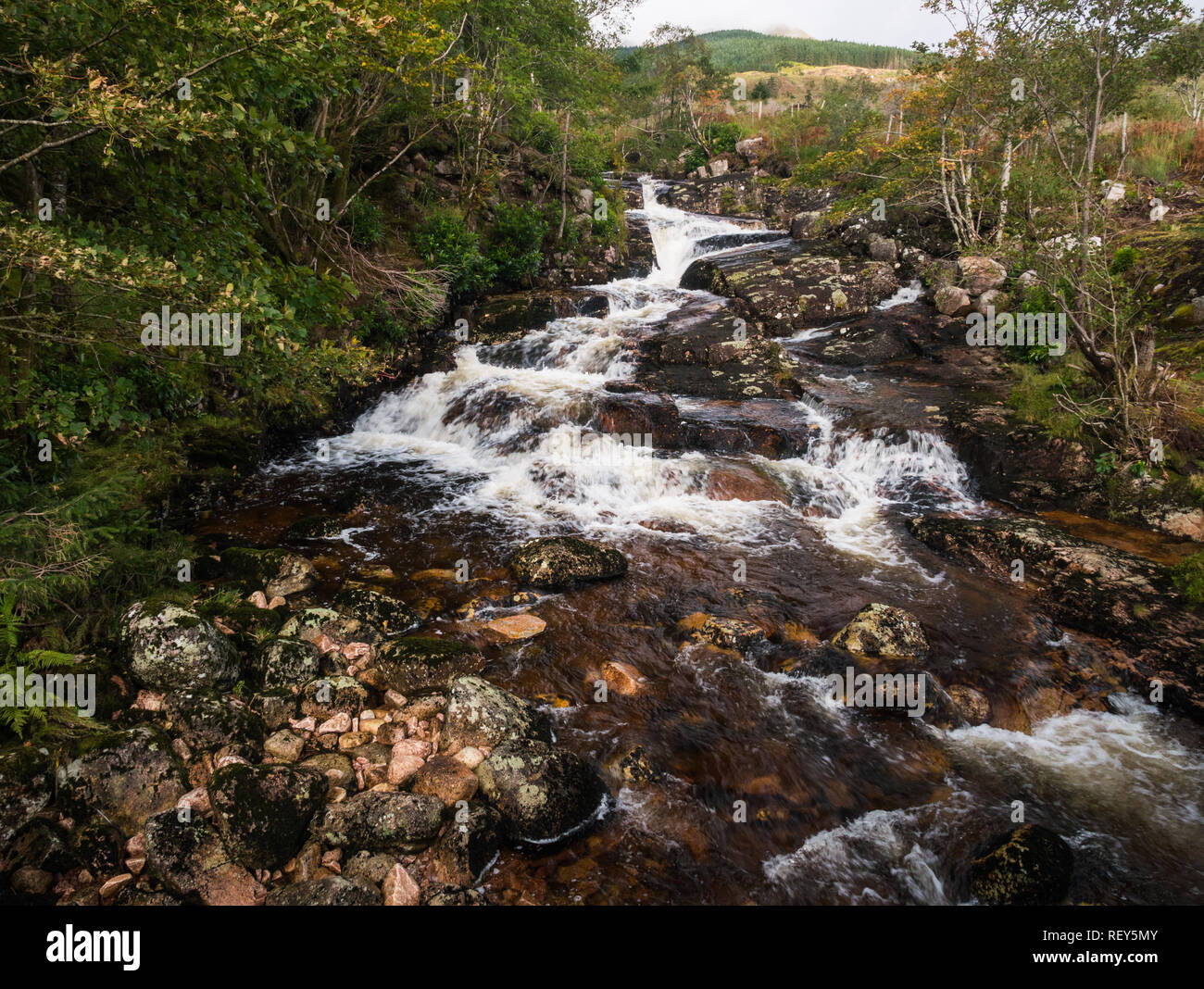 Waterfall in Glen Etive in the Glen Coe area in Scotland Stock Photo