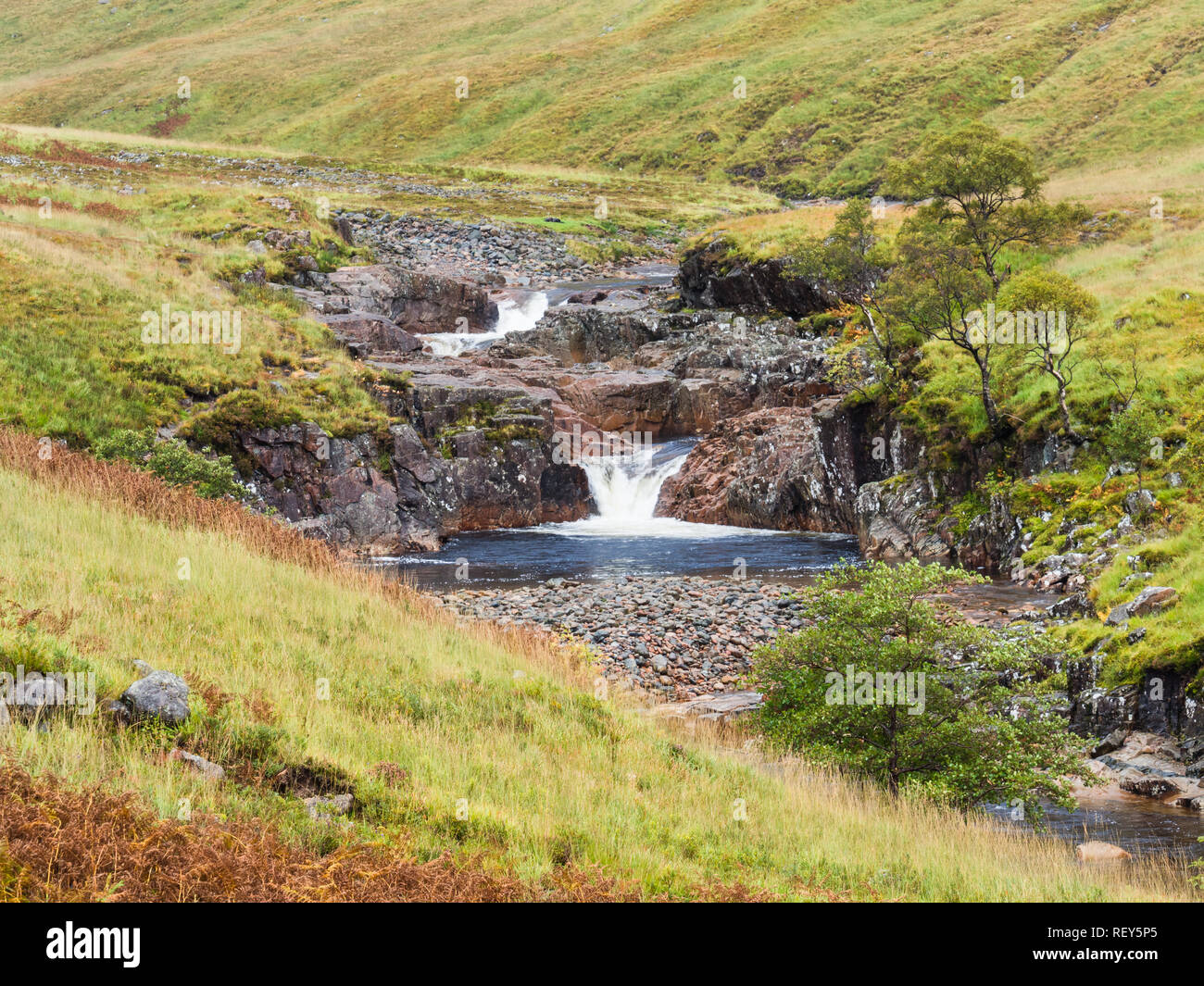 Waterfall in the River Etive in Glen Etive in the Glen Coe region, Scotland Stock Photo