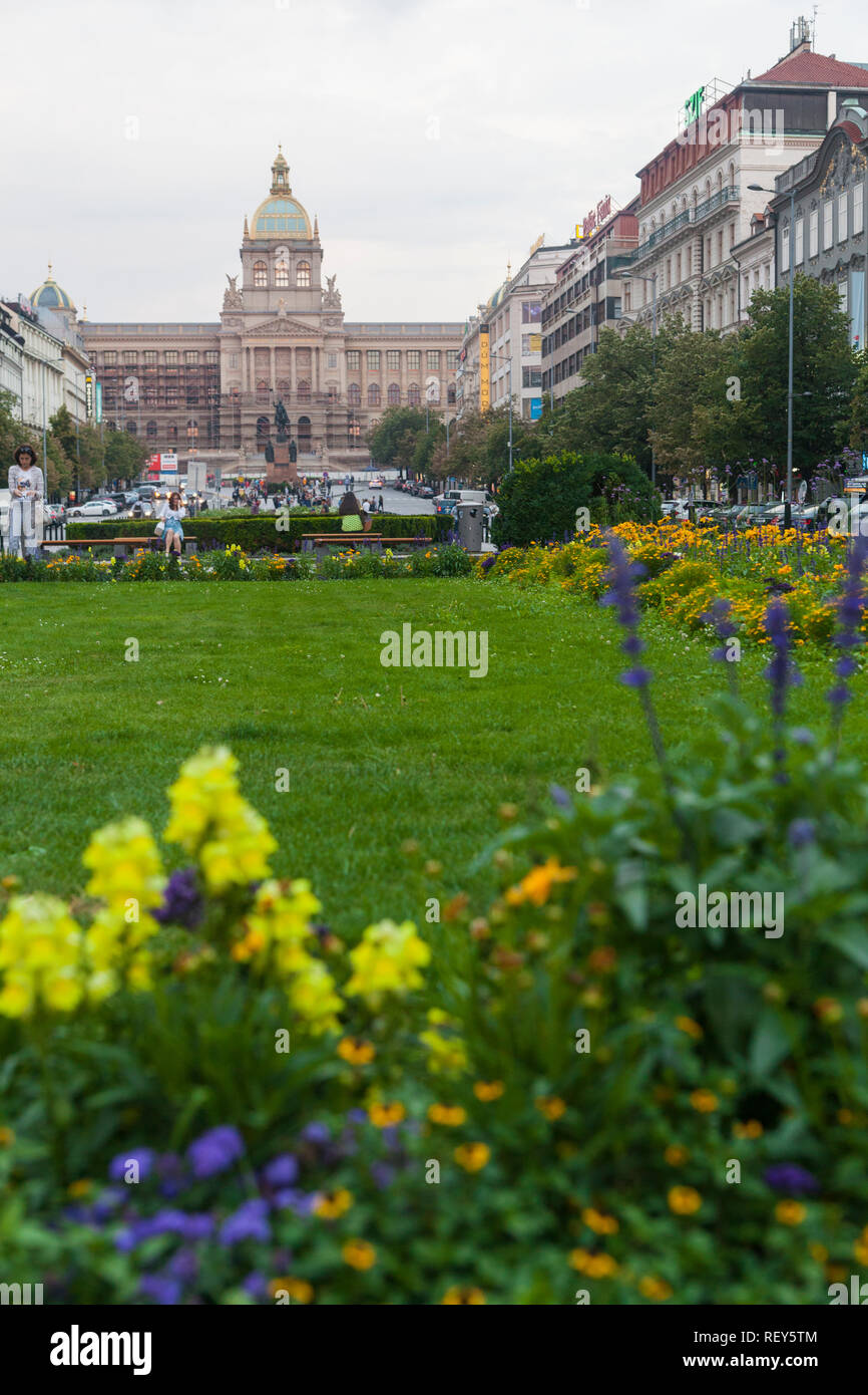 Prague, Czech Republic - July 16 2018: A National Gallery, Statue of Saint Wenceslas and a lawn on Wenceslas Square Stock Photo