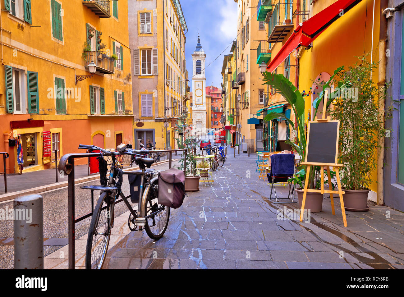 Nice colorful street architecture and church view, tourist destination of French riviera, Alpes Maritimes depatment of France Stock Photo
