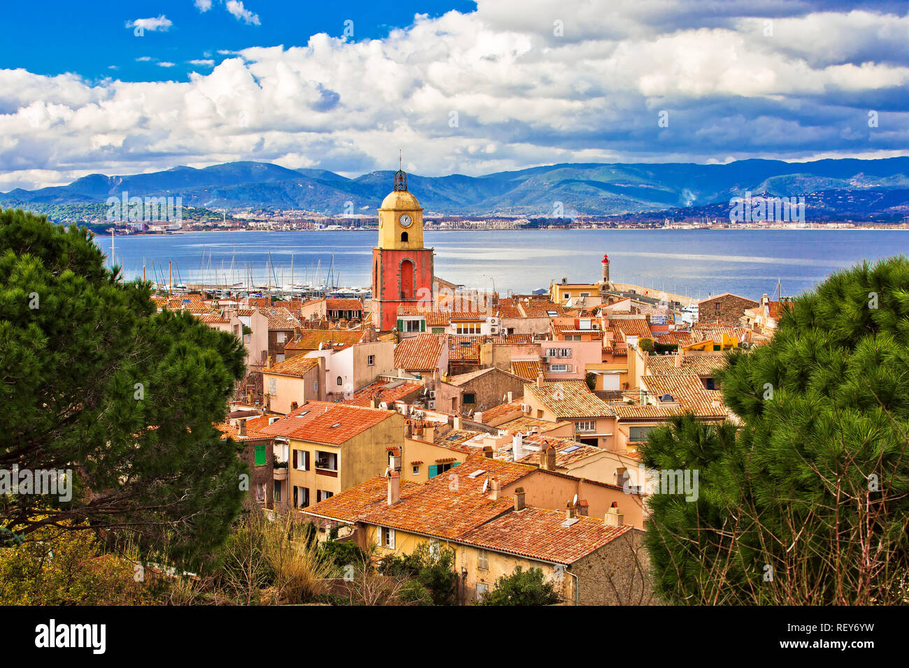 Saint Tropez village church tower and old rooftops view, famous tourist destination on Cote d Azur, Alpes-Maritimes department in southern France Stock Photo
