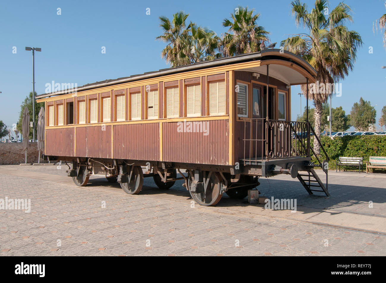 old train coach at the Tel Aviv, Neve Tzedek, Hatachana complex, a ...