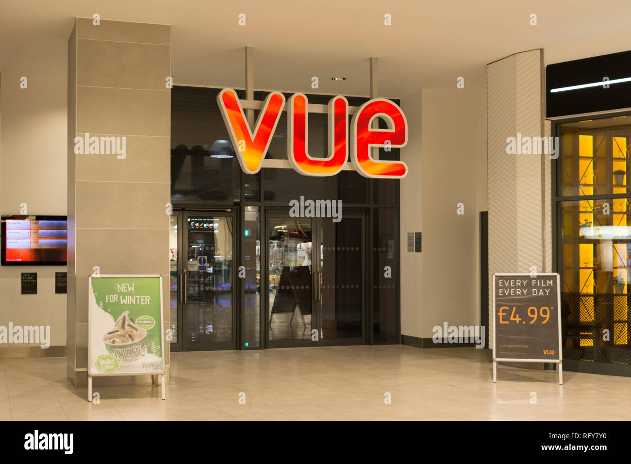 The Vue cinema or movie theatre, an entertainment venue in Kingsmead in Farnborough, Hampshire, UK Stock Photo