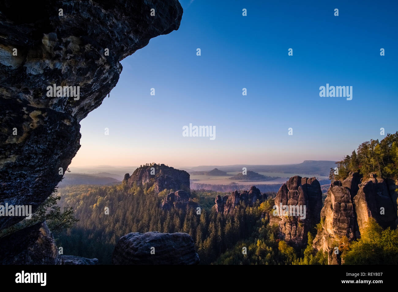 Landscape in the National Park Sächsische Schweiz with rock formations and trees Stock Photo