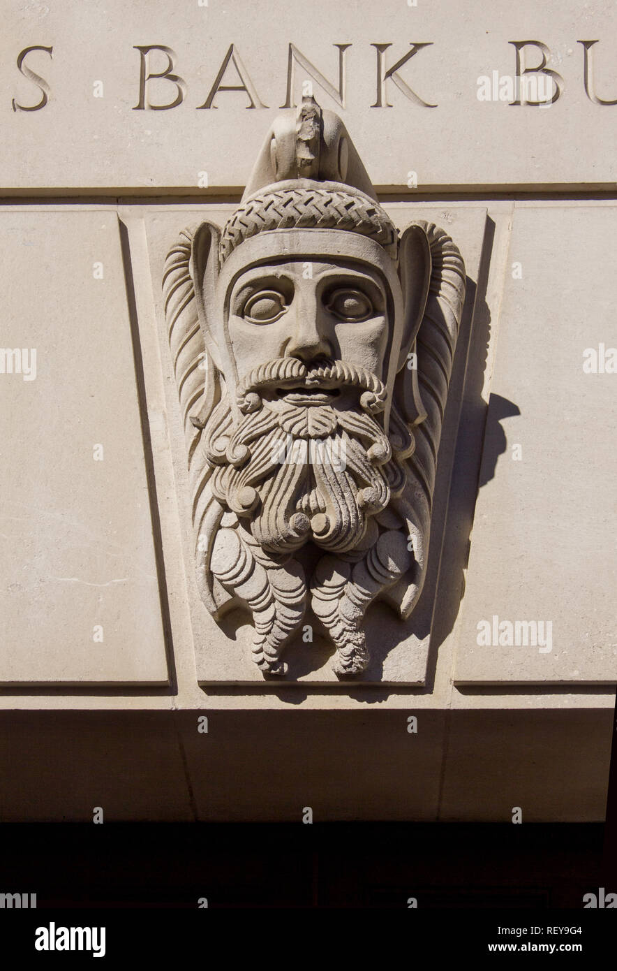 Carved head, Martin's Bank Building, Exchange Flags Liverpool Stock Photo