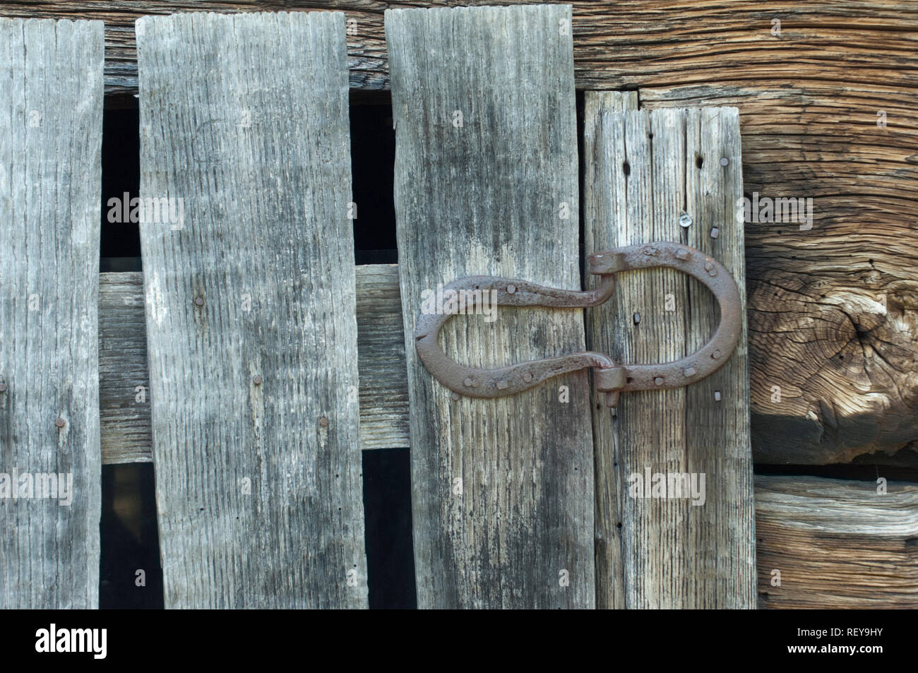 Handmade hinges made of horseshoes, Great Smoky Mountains National Park, border of NC and TN. Digital photograph Stock Photo