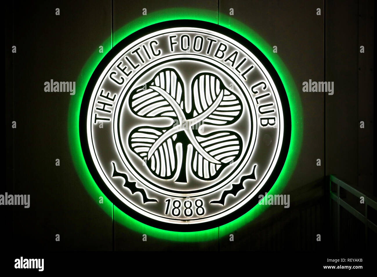 Celtic club badge on the side of the superstore ahead of the Ladbrokes ...