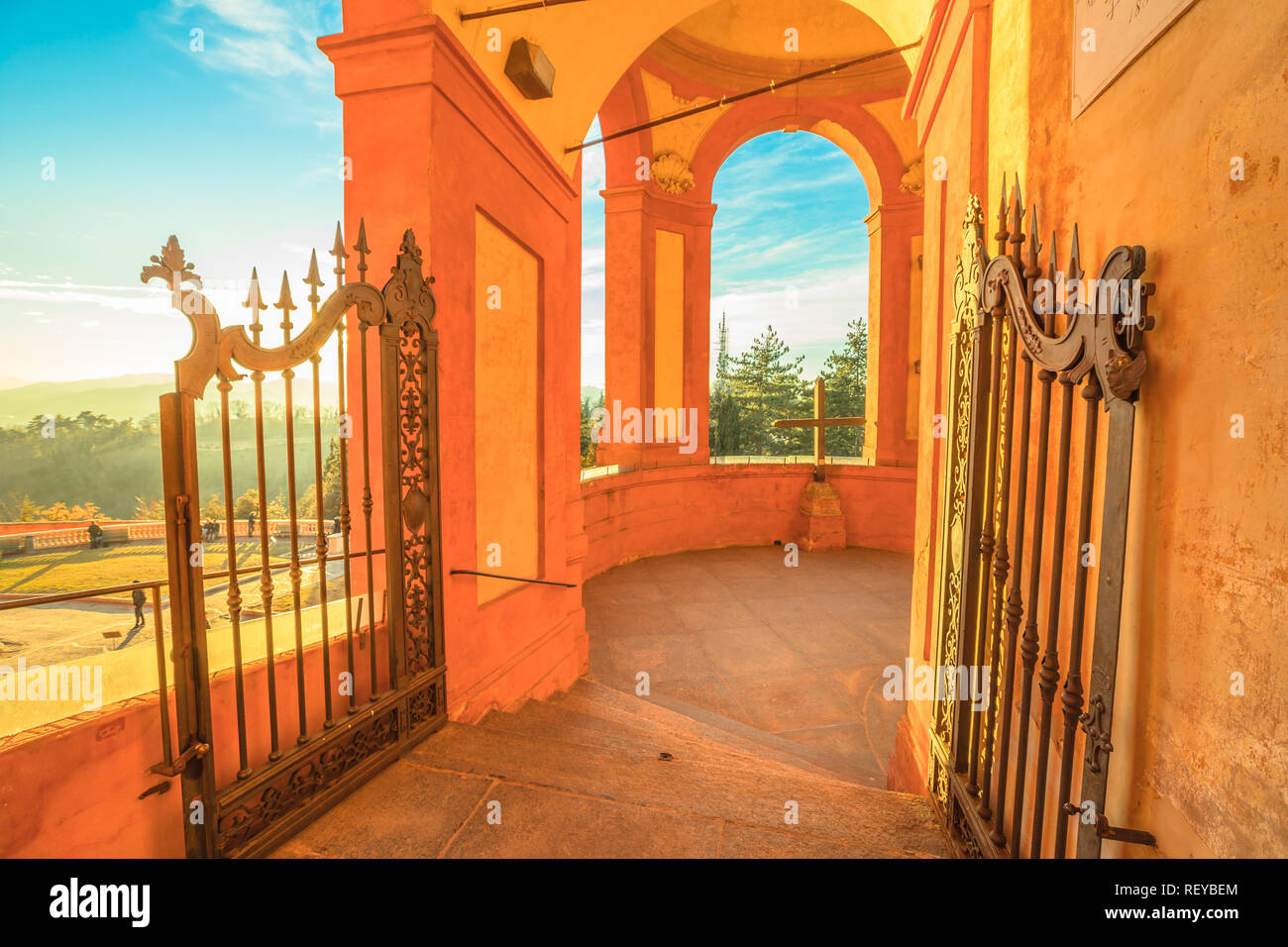 Entrance gate between the portico and the Sanctuary of San Luca. Famous place of Marian worship on the Colle della Guardia in Bologna, Emilia Romagna, Italy. Stock Photo