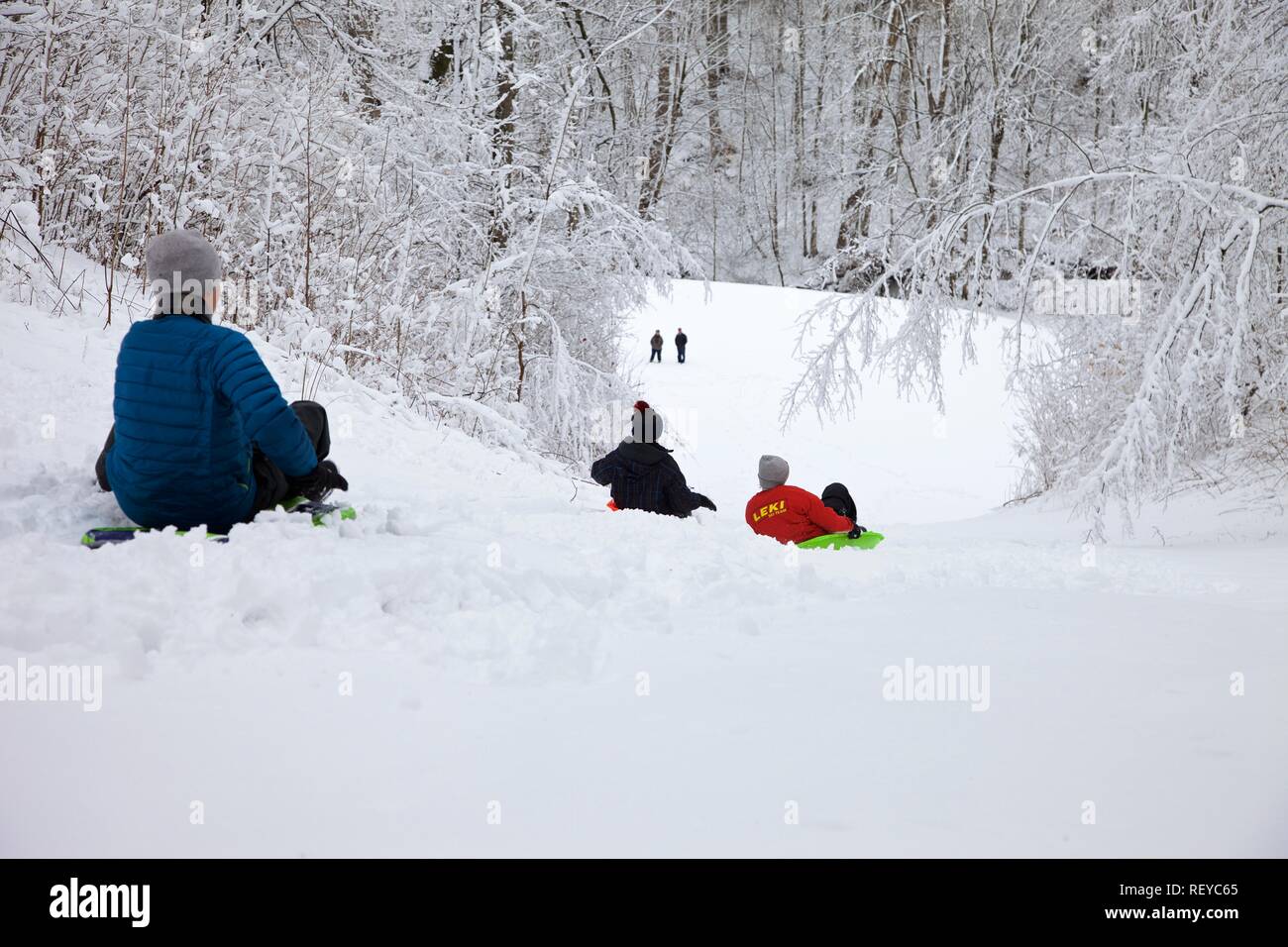 Children Sledding Down Snow Covered Hill Stock Photo - Alamy