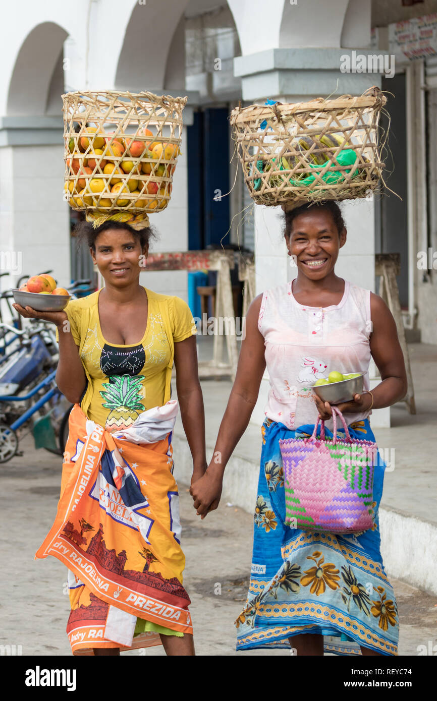 Toliara, Madagascar - January 10th, 2019: Two local malagasy woman with