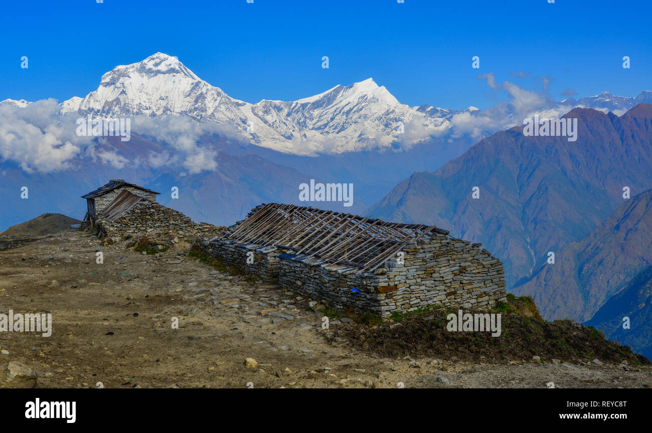 Beautiful snow peaks of Annapurna Range, Nepal. Annapurna includes one peak over 8,000 metres, thirteen peaks over 7,000 metres. Stock Photo