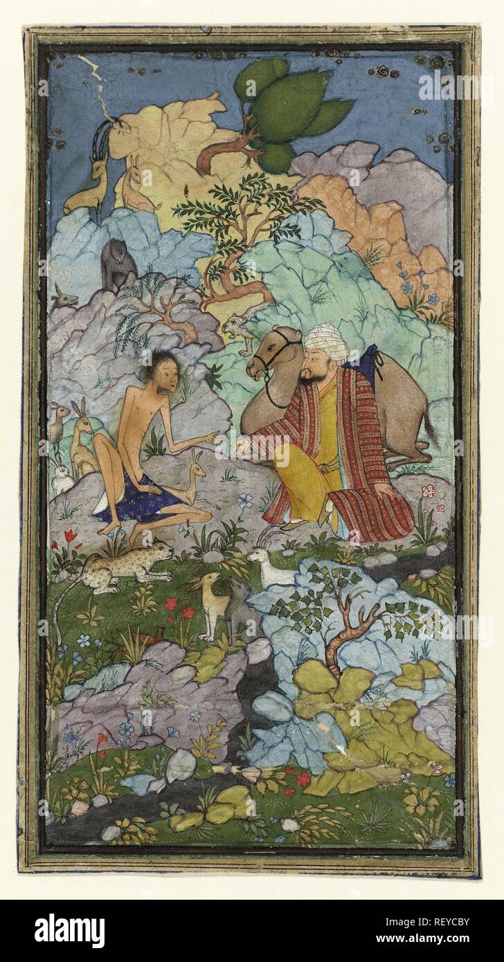 Episode from the love story of Laila and Majnun, the emaciated Majnun sits in a landscape with a man and his camel. Draughtsman: anonymous. Dating: c. 1500 - c. 1700. Place: Persia. Measurements: h 160 mm × w 87 mm. Museum: Rijksmuseum, Amsterdam. Stock Photo