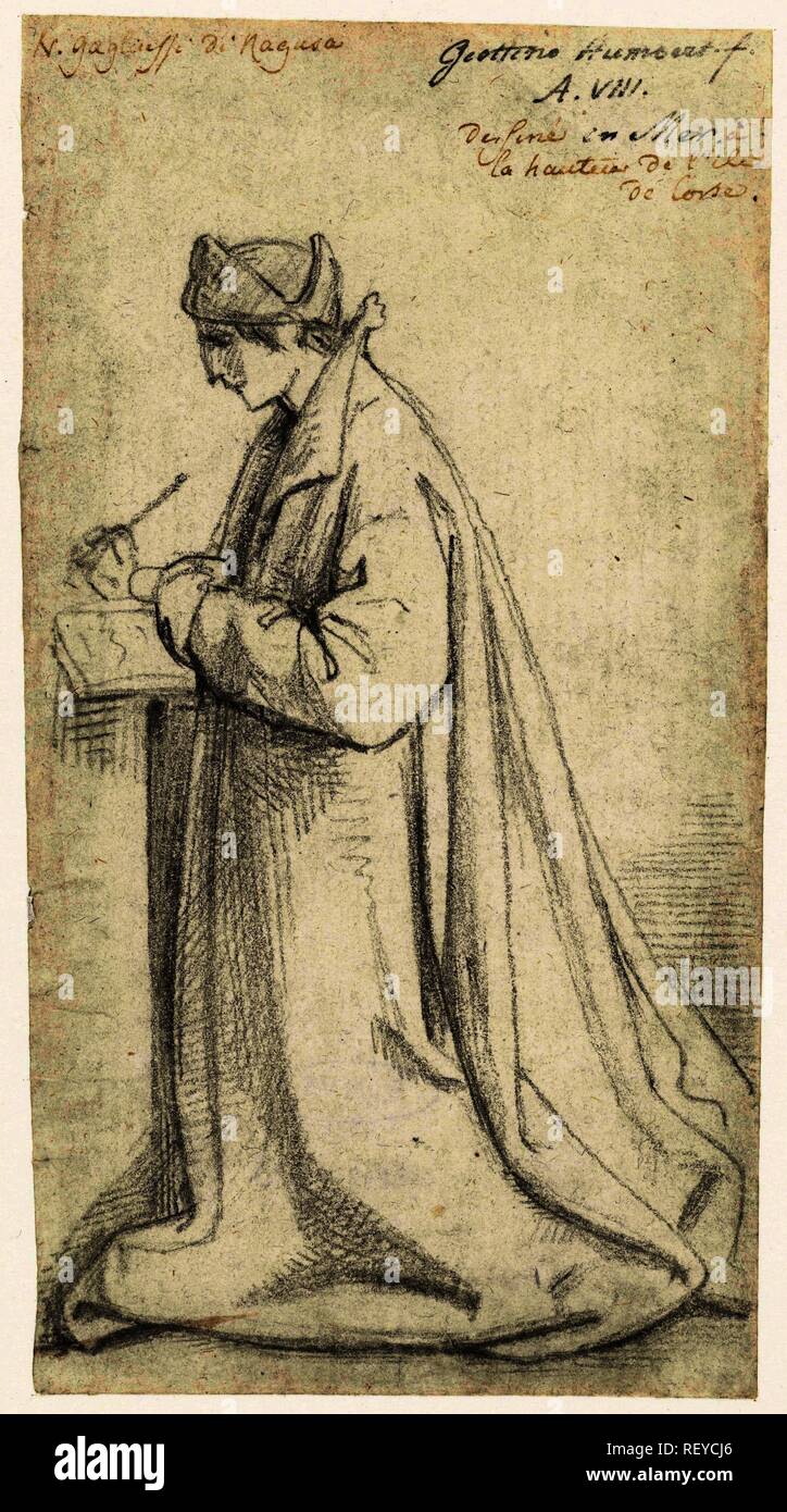 Kneeling, writing man. Draughtsman: David Pièrre Giottino Humbert de Superville. Dating: 1780 - 1849. Measurements: h 143 mm × w 77 mm. Museum: Rijksmuseum, Amsterdam. Stock Photo