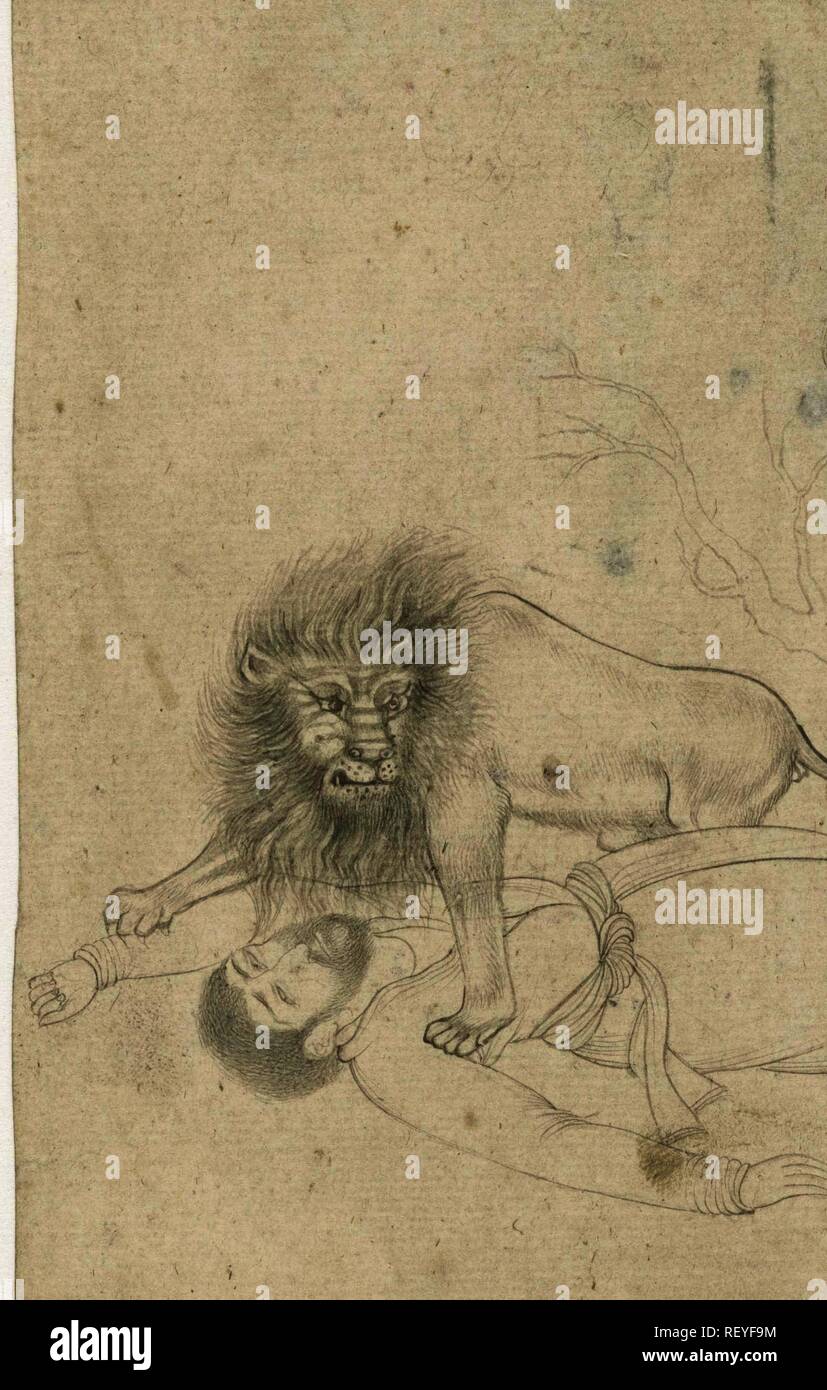 Lion robbing a man. Draughtsman: anonymous. Dating: c. 1580. Measurements: h 158 mm × w 101 mm. Museum: Rijksmuseum, Amsterdam. Stock Photo