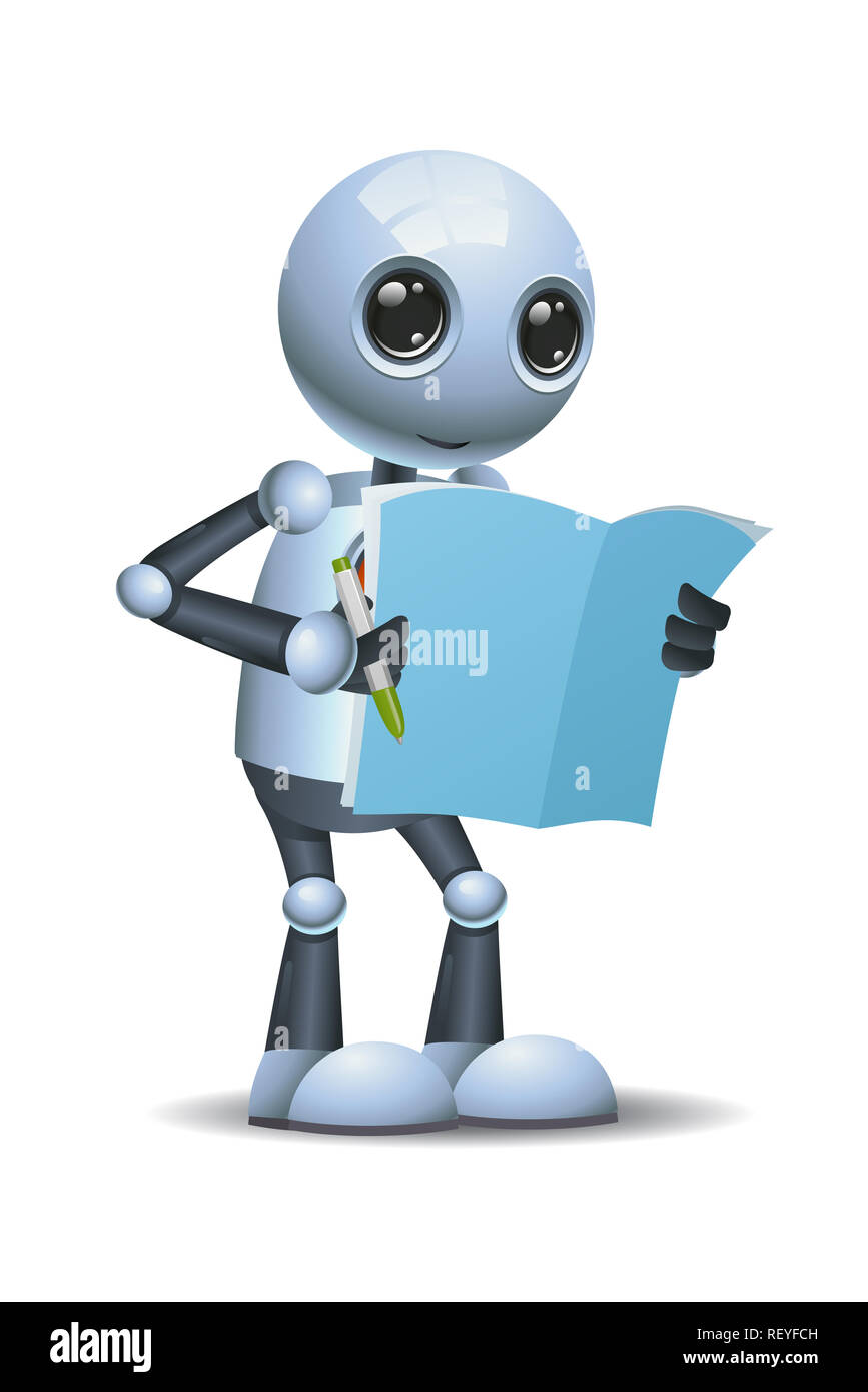 illustration of a happy little robot learn and reading book on isolated white background Stock Photo