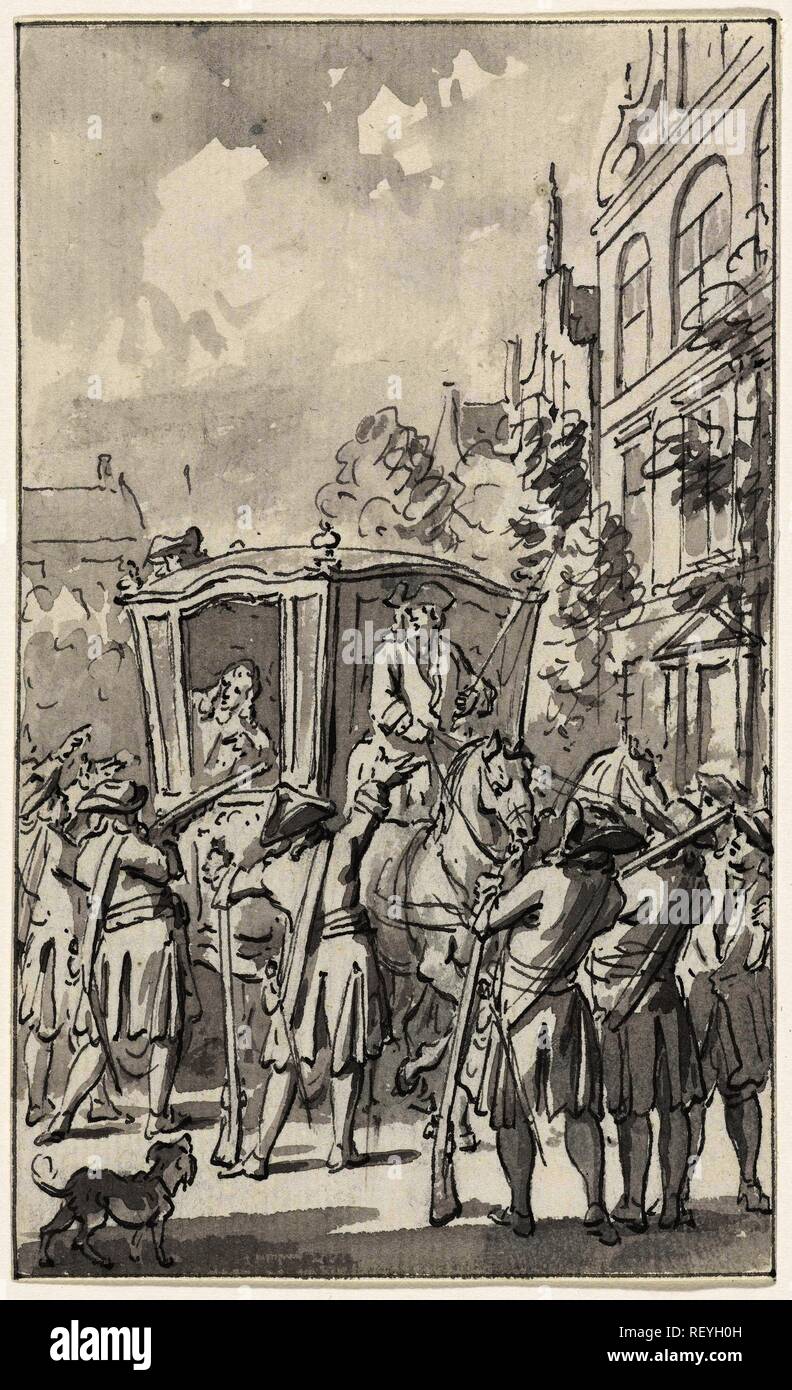 The carriage of Prince William III arrested by citizens at Aardrecht (Dordrecht?), June 29, 1672. Draughtsman: Jacobus Buys. Dating: 1734 - 1801. Measurements: h 150 mm × w 89 mm. Museum: Rijksmuseum, Amsterdam. Stock Photo