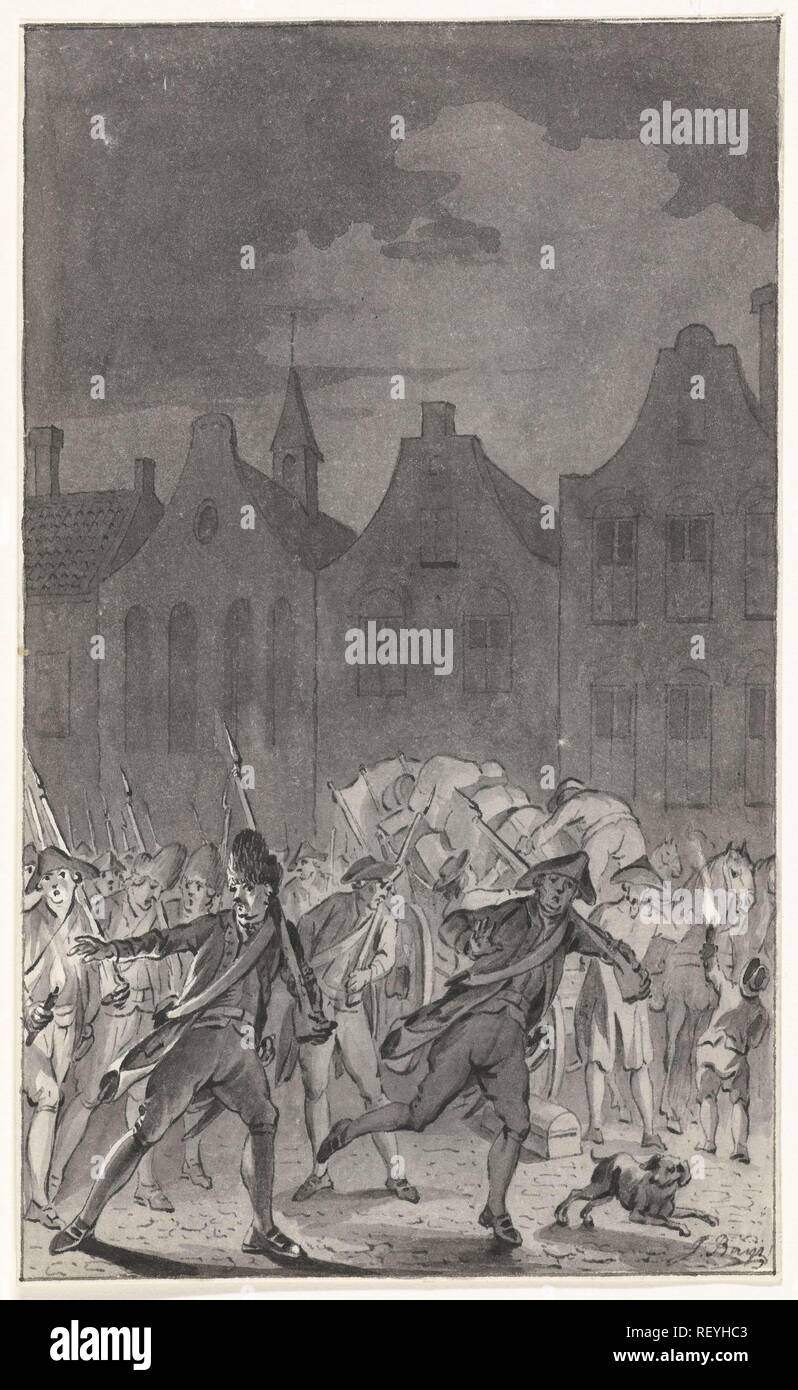 Prussian troops on the Neude in Utrecht when leaving the city, September 16, 1787. Draughtsman: Jacobus Buys (mentioned on object). Dating: 16-Sep-1787 - 1801. Measurements: h 147 mm × w 89 mm. Museum: Rijksmuseum, Amsterdam. Stock Photo