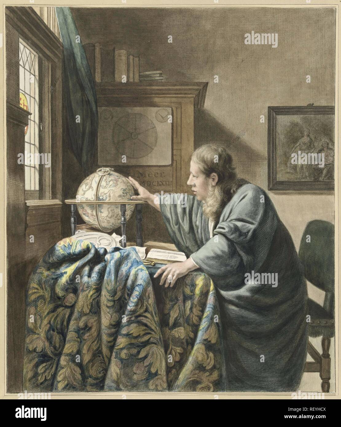 The astronomer. Draughtsman: Abraham Delfos. After Johannes Vermeer. Dating: 1794. Measurements: h 429 mm × w 367 mm. Museum: Rijksmuseum, Amsterdam. Stock Photo