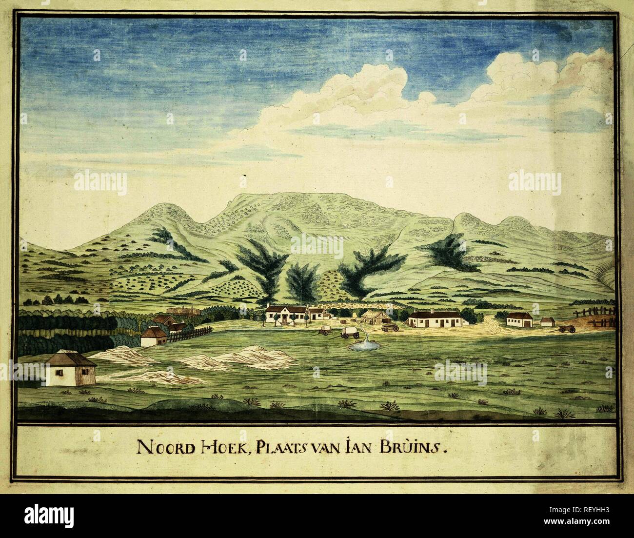 View of the farm of Jan Bruins at Noordhoek. Draughtsman: Robert Jacob Gordon (attributed to). Draughtsman: Johannes Schumacher (possibly). Dating: c. Oct-1777 - Mar-1786. Place: Kaapprovincie. Measurements: h  mm × w  mm; h 420 mm × w 570 mm; h 340 mm × w 540 mm. Museum: Rijksmuseum, Amsterdam. Stock Photo