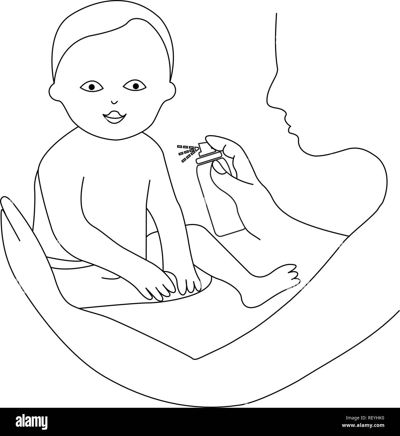 Mother using spray on the skin of the baby Stock Vector