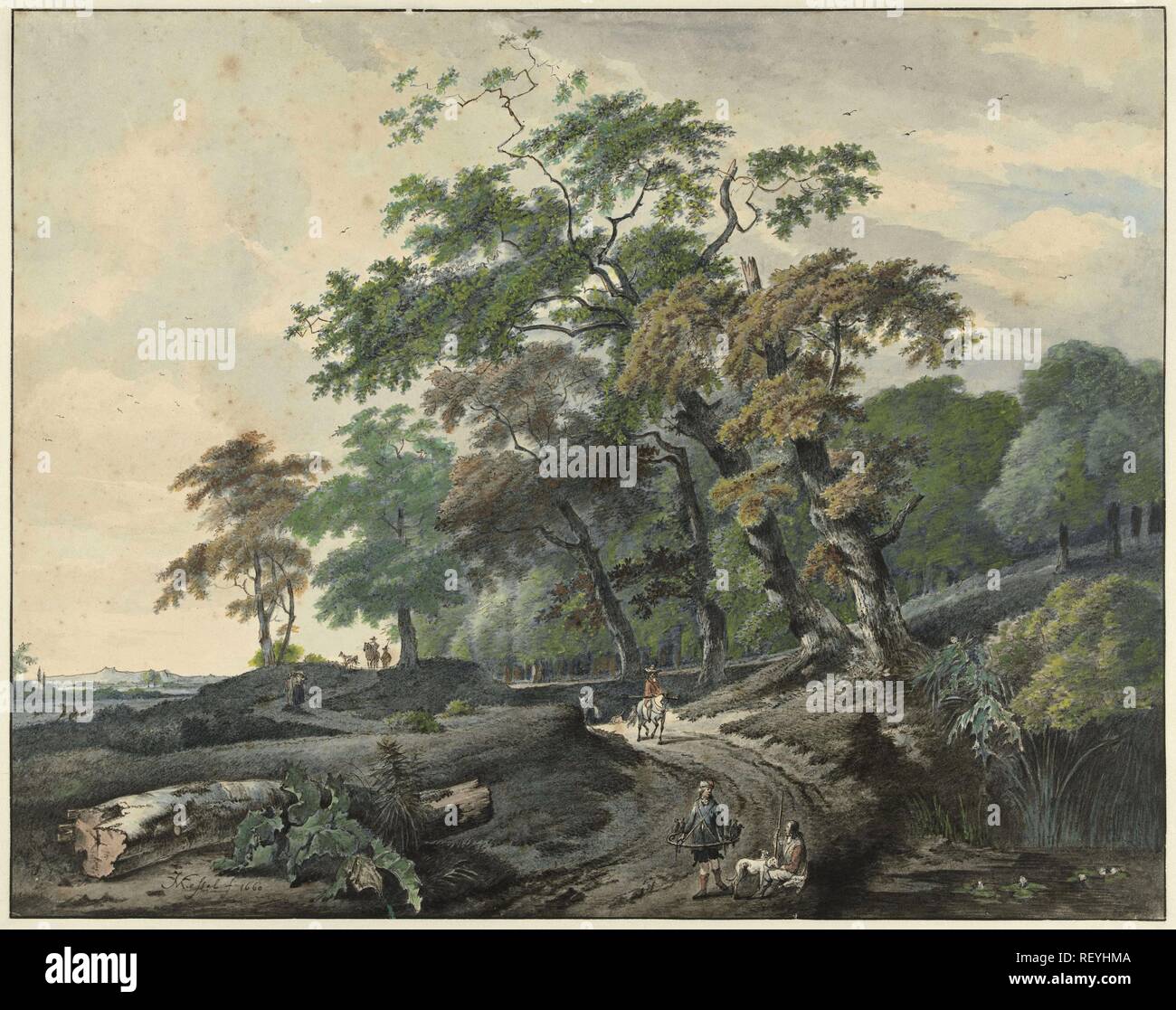 Landscape with a road through a forest and a falcon hunter. Draughtsman: Gerard van Nijmegen. After Jan van Kessel (1641-1680) (mentioned on object). After Johannes Lingelbach. Dating: 1801. Measurements: h 373 mm × w 474 mm. Museum: Rijksmuseum, Amsterdam. Stock Photo