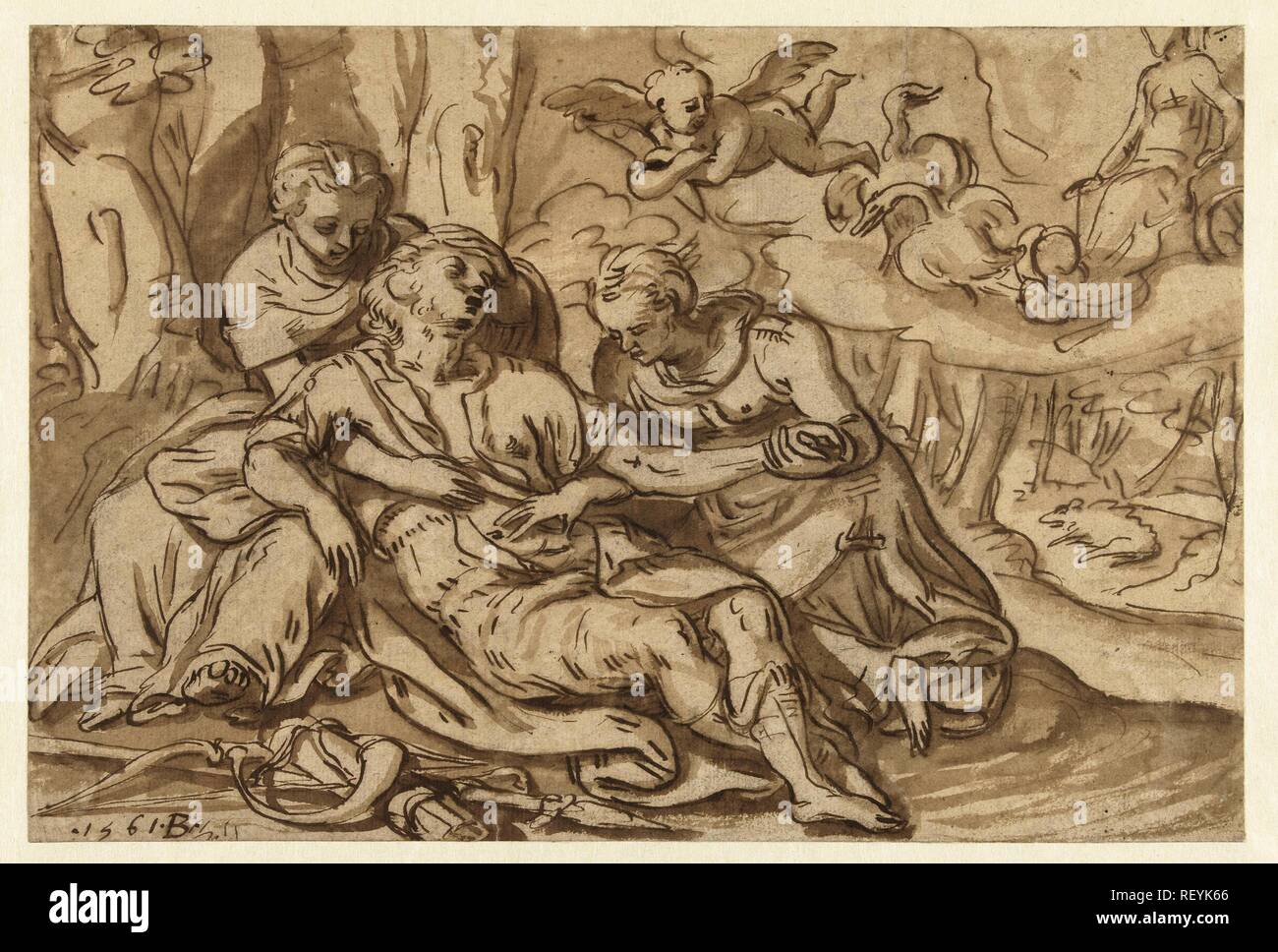 Venus weeps the dead Adonis. Draughtsman: Bernaert de Rijckere. Dating: 1561. Measurements: h 203 mm × w 302 mm. Museum: Rijksmuseum, Amsterdam. Stock Photo