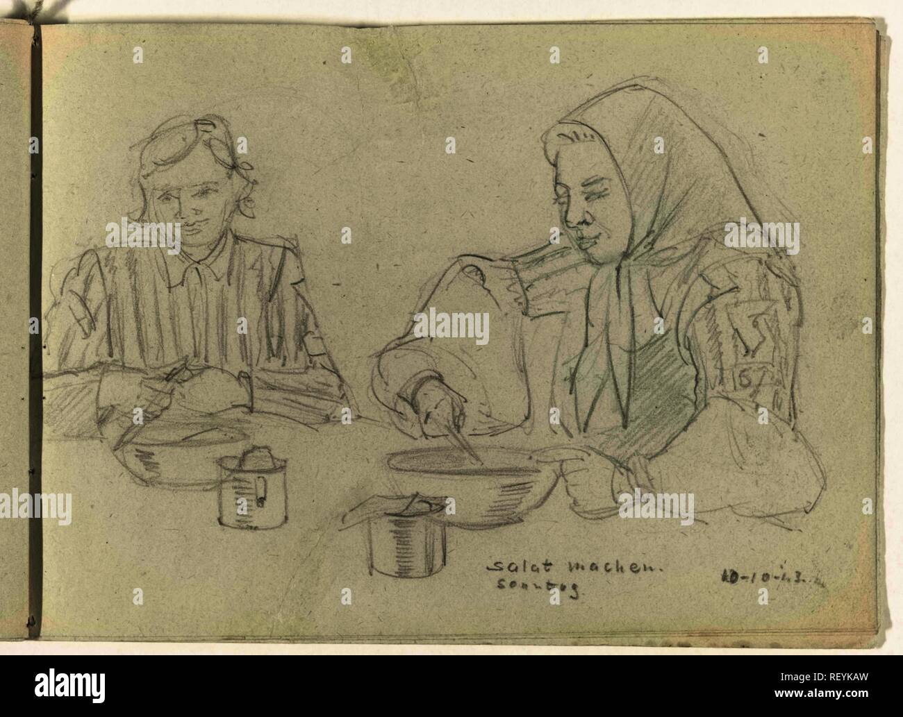 Salade maken. Salat machen. Sonntag (title on object). Draughtsman: To Frank-Stoltz. Dating: 10-Oct-1943. Place: Ravensbrück. Measurements: h 150 mm × w 205 mm. Museum: Rijksmuseum, Amsterdam. Stock Photo