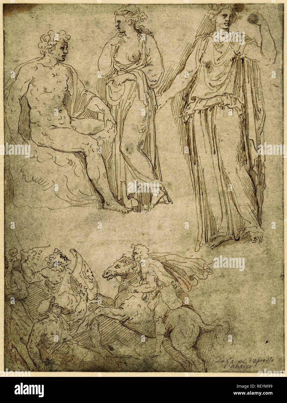 Man and woman, woman and face and rider attacking foot soldiers. Draughtsman: Girolamo da Carpi (follower of). Dating: 1530 - 1600. Measurements: h 260 mm × w 199 mm. Museum: Rijksmuseum, Amsterdam. Stock Photo