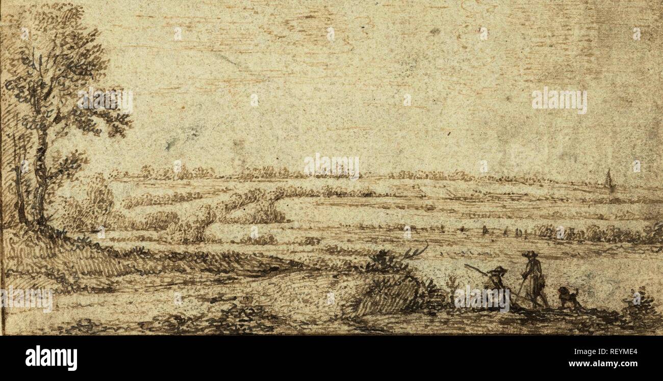 Flat landscape. Draughtsman: Jan van Goyen. Draughtsman: Nicolaes van Lijnhoven (rejected attribution). Dating: 1606 - 1656. Measurements: h 75 mm × w 144 mm. Museum: Rijksmuseum, Amsterdam. Stock Photo