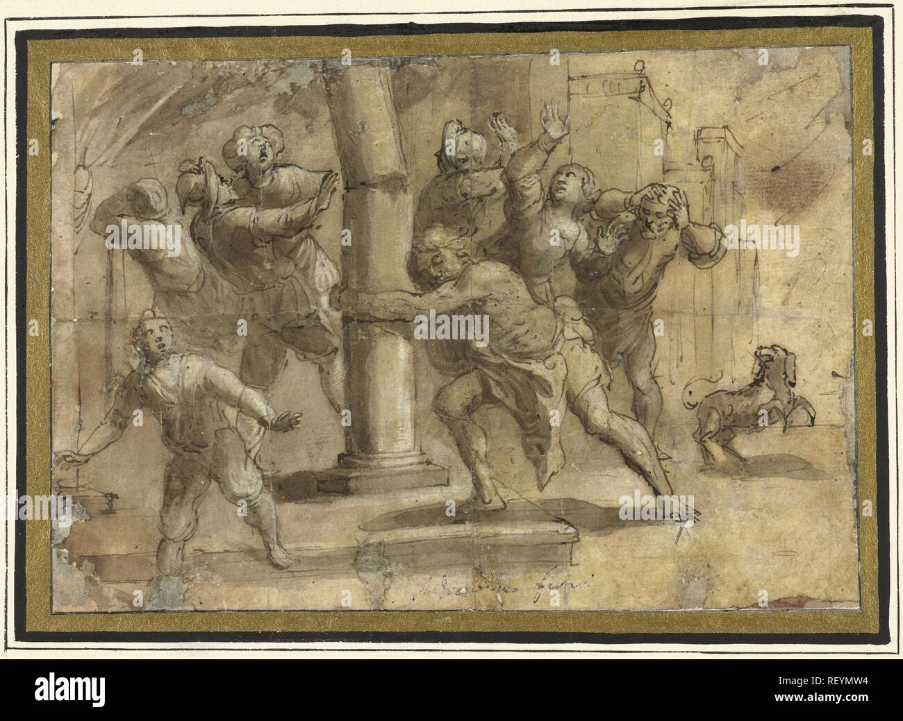 Samson lets the temple collapse. Draughtsman: Gaudenzio Ferrari. Dating: 1481 - 1546. Measurements: h 141 mm × w 204 mm. Museum: Rijksmuseum, Amsterdam. Stock Photo