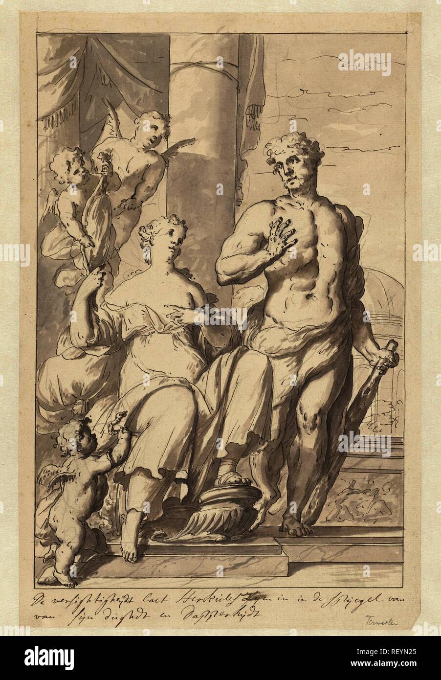 The Caution shows Hercules the mirror of virtue and courage. Draughtsman: Mattheus Terwesten. Dating: 1680 - 1757. Measurements: h 281 mm × w 184 mm. Museum: Rijksmuseum, Amsterdam. Stock Photo