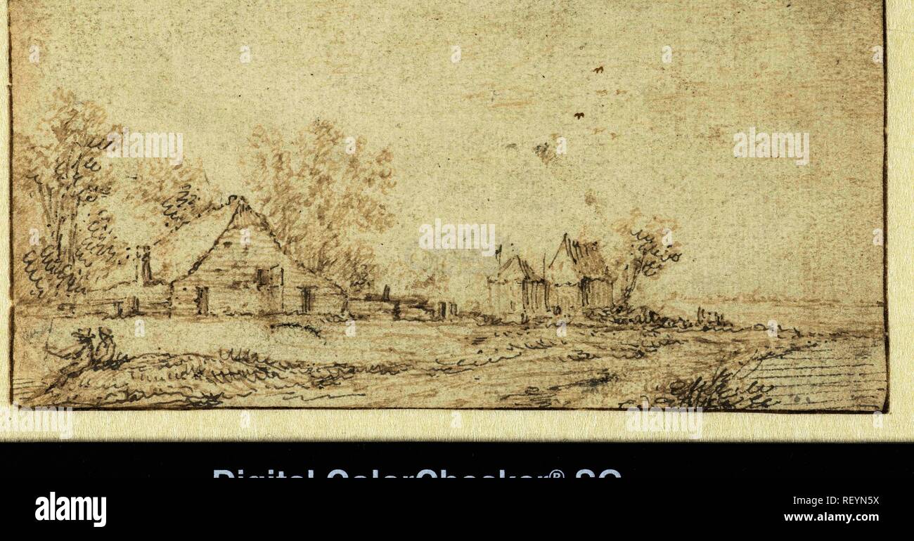 Landscape with huts on a road. Draughtsman: Jan van Goyen. Draughtsman: Nicolaes van Lijnhoven (rejected attribution). Dating: 1606 - 1656. Measurements: h 75 mm × w 146 mm. Museum: Rijksmuseum, Amsterdam. Stock Photo