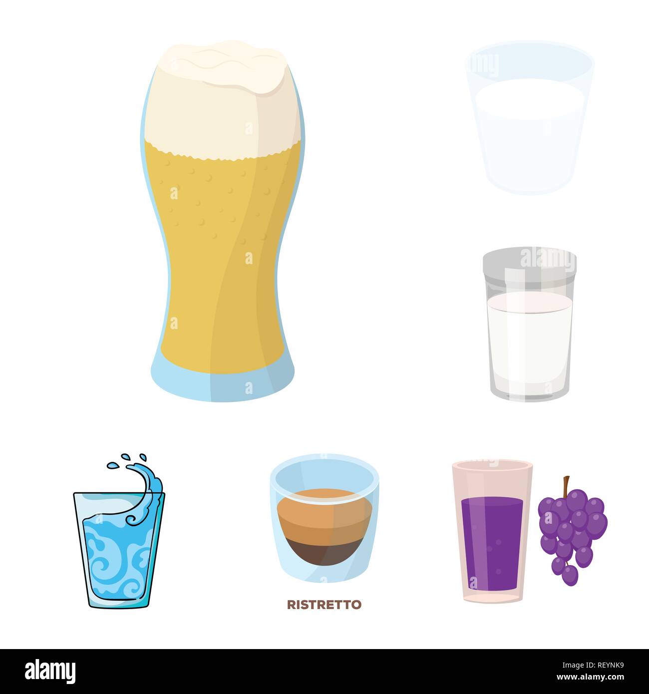 Milk Juice Coffee Water Splash Milkshake Grapes Drink Liquid Reflection Glass Transparent Cup Empty Full Celebration Blank Container Half Set Vector Icon Illustration Isolated Collection Design Element Graphic Sign Cartoon Color Vector Vectors Stock