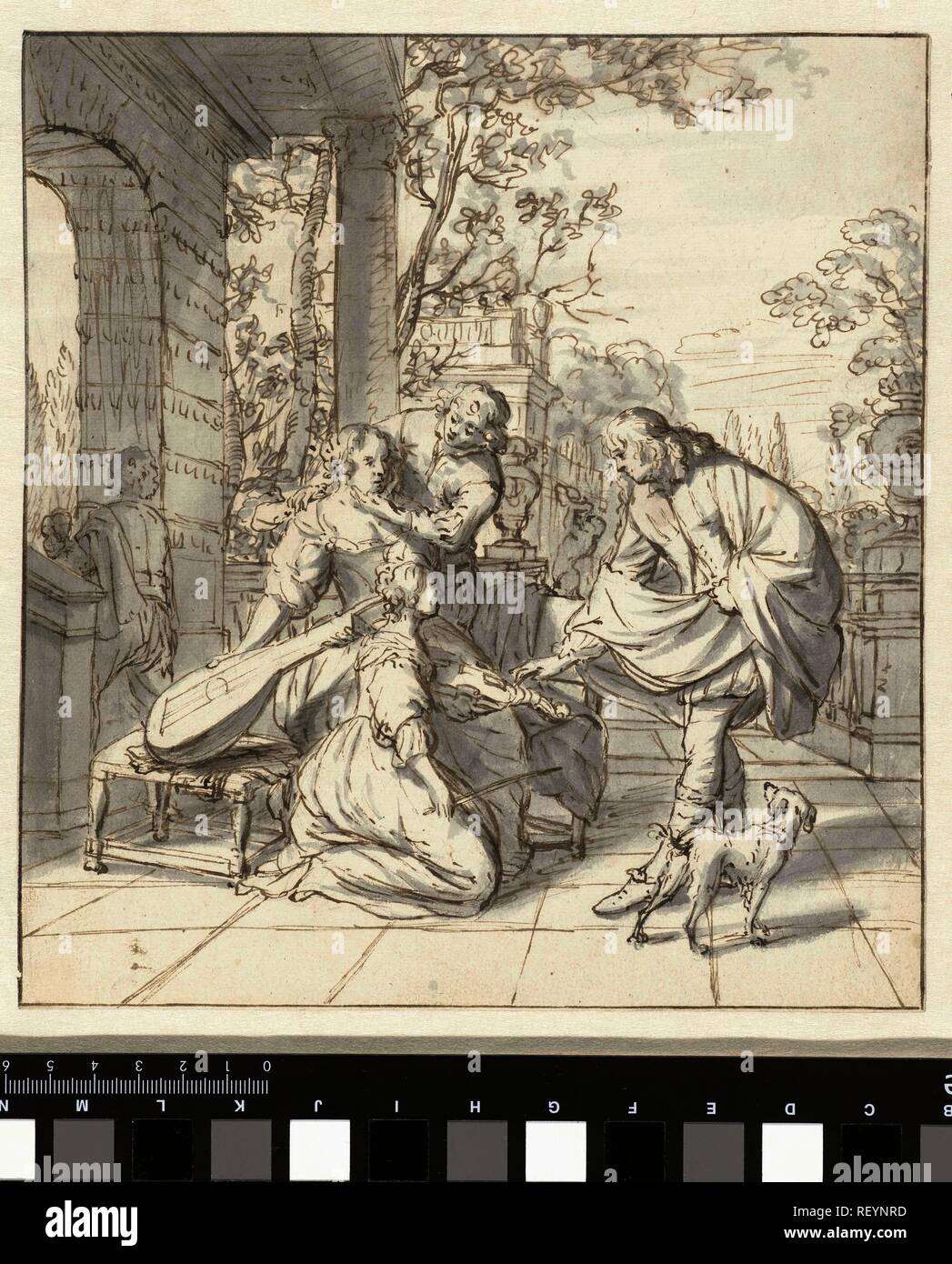 Two musical and affectionate young couples on a terrace. Draughtsman: Jan Verkolje (I). Dating: 1660 - 1693. Measurements: h 221 mm × w 205 mm. Museum: Rijksmuseum, Amsterdam. Stock Photo