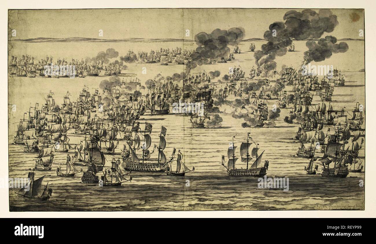 The end of the Sea Battle at Solebay, June 7, 1672. Draughtsman: Willem van de Velde (I). Dating: 1673. Measurements: h 410 mm × w 725 mm. Museum: Rijksmuseum, Amsterdam. Stock Photo