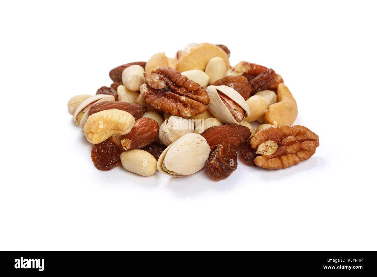 Mixed nuts snacks  isolated on white background. Stock Photo