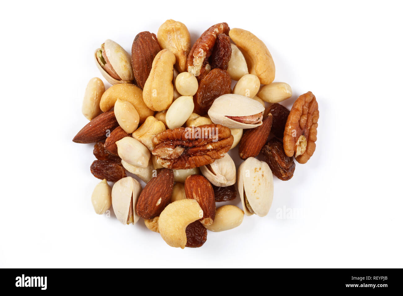 Mixed nuts snacks  isolated on white background. Stock Photo