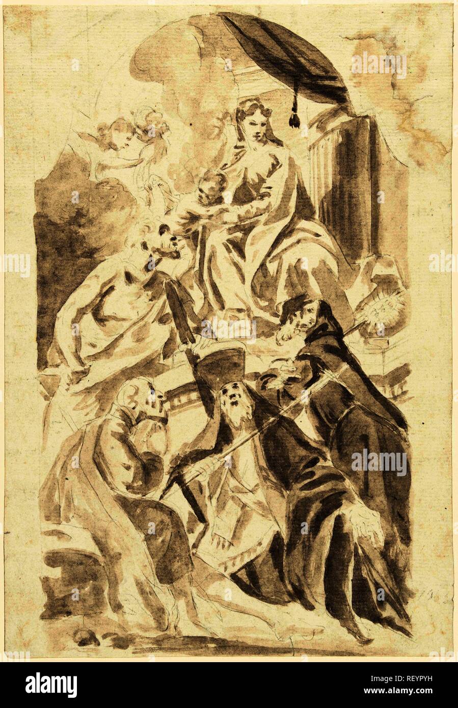 Mary with child on a high throne, various male saints at her feet. Draughtsman: anonymous. Dating: 1700 - 1800. Measurements: h 305 mm × w 209 mm. Museum: Rijksmuseum, Amsterdam. Stock Photo