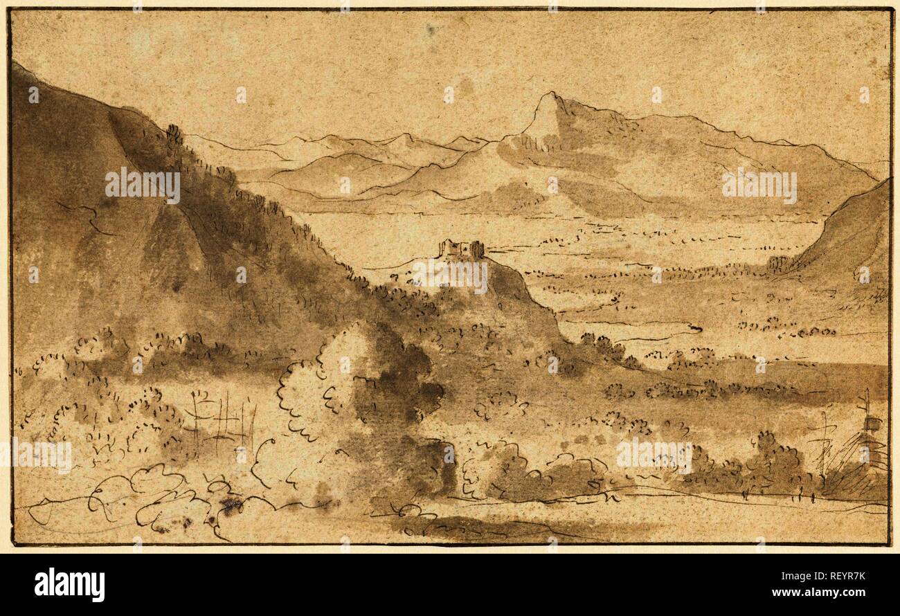 Mountain landscape with a lake and a castle. Draughtsman: Agostino Tassi (possibly). Dating: 1590 - 1644. Measurements: h 105 mm × w 174 mm. Museum: Rijksmuseum, Amsterdam. Stock Photo