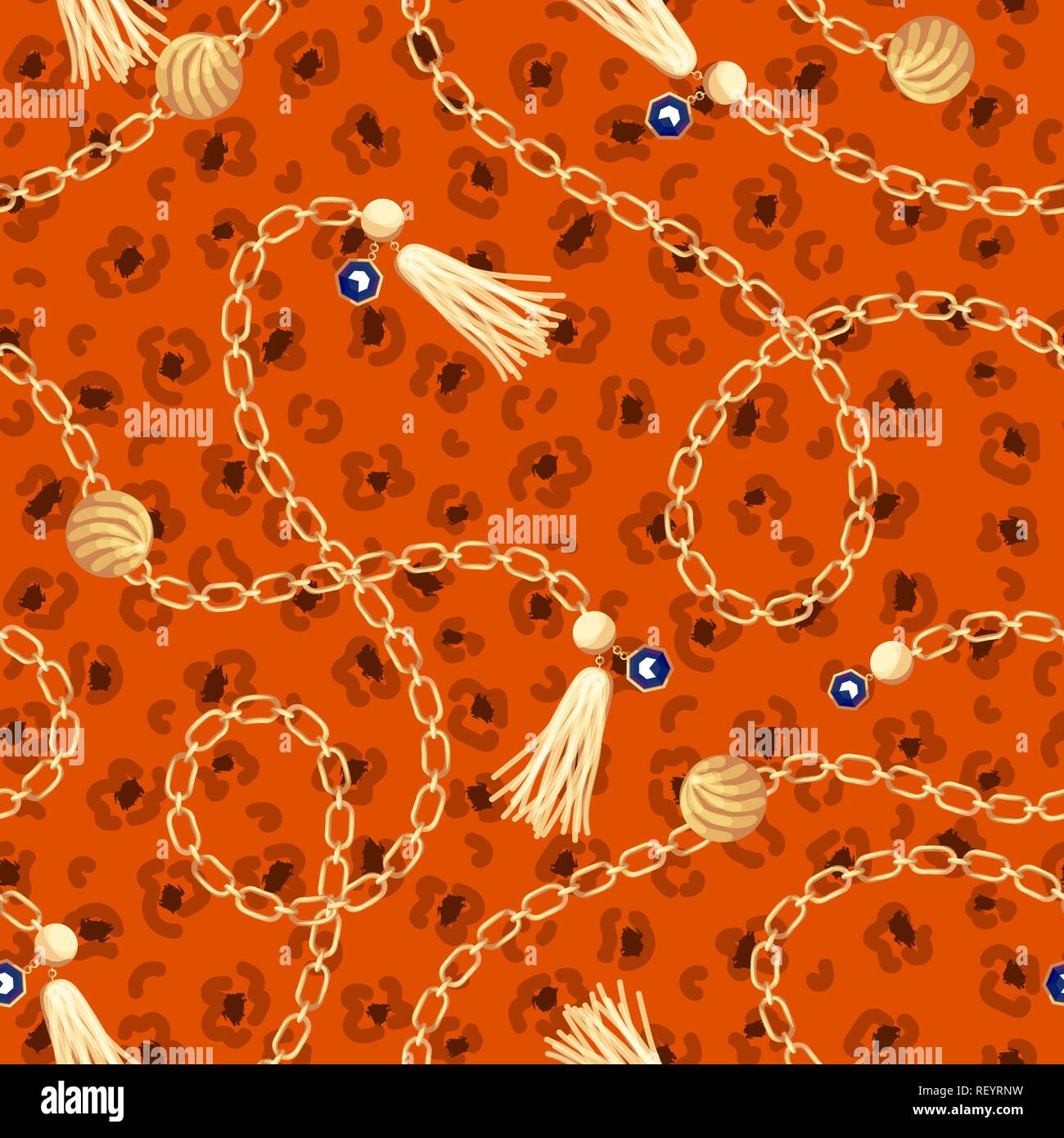 Seamless pattern with gold chains and leopard orange spots. Stock Vector