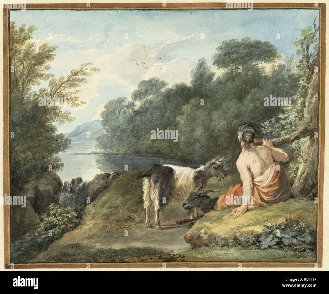 Shepherdess with goats in a landscape with a lake. Draughtsman: Aert Schouman. After Simon van der Does. Dating: 1781. Measurements: h 192 mm × w 229 mm. Museum: Rijksmuseum, Amsterdam. Stock Photo