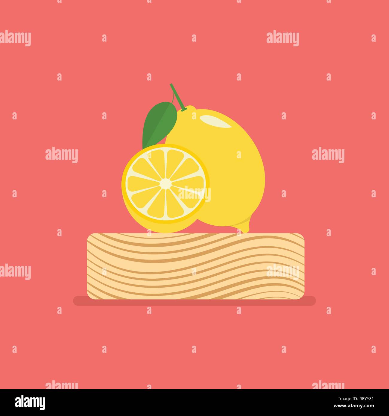 Fresh lemon on wood chopping block. Vector illustration Stock Vector