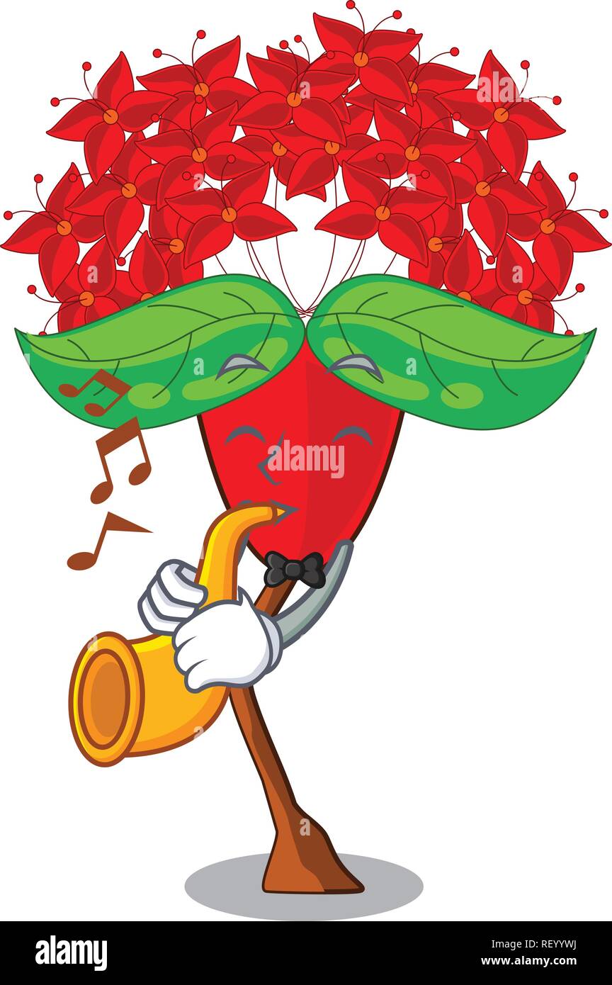 With trumpet Ixora flowers in the cartoon pots Stock Vector