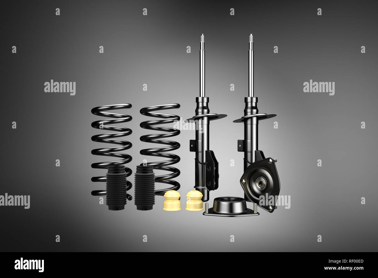 3d Rendering Passenger Car Shock Absorber With Dust Cap Buffer Mounting And Strut Mounting Stock Photo Alamy