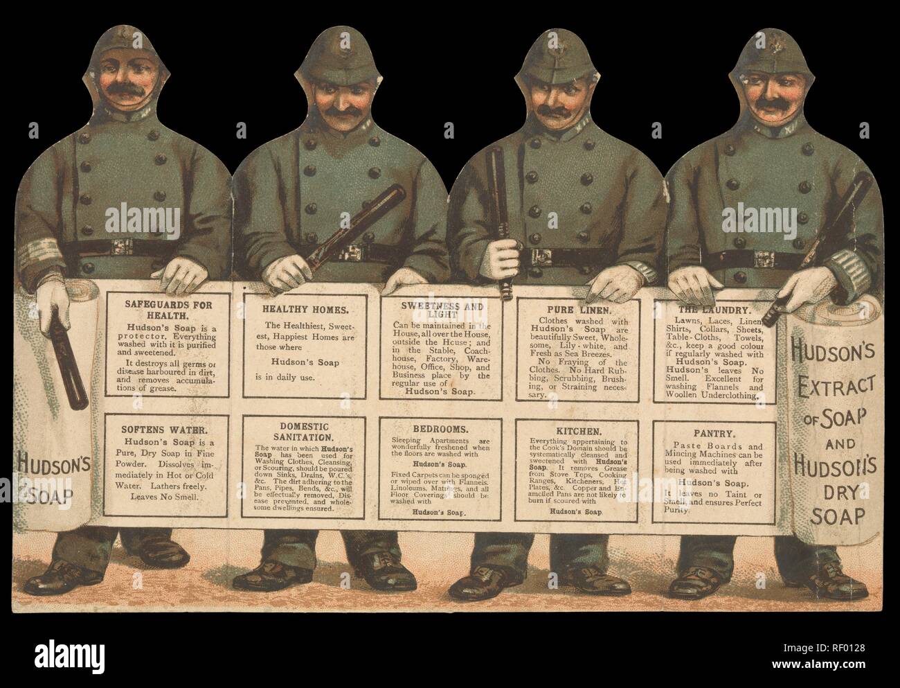 L0069078 Advertisment for Hudson's Soap with policemen. Credit: Wellcome  Library, London. Wellcome Images images@wellcome.ac.uk  http://wellcomeimages.org Folded, diecut card in the shape of four  policemen standing in a row, holding a banner with