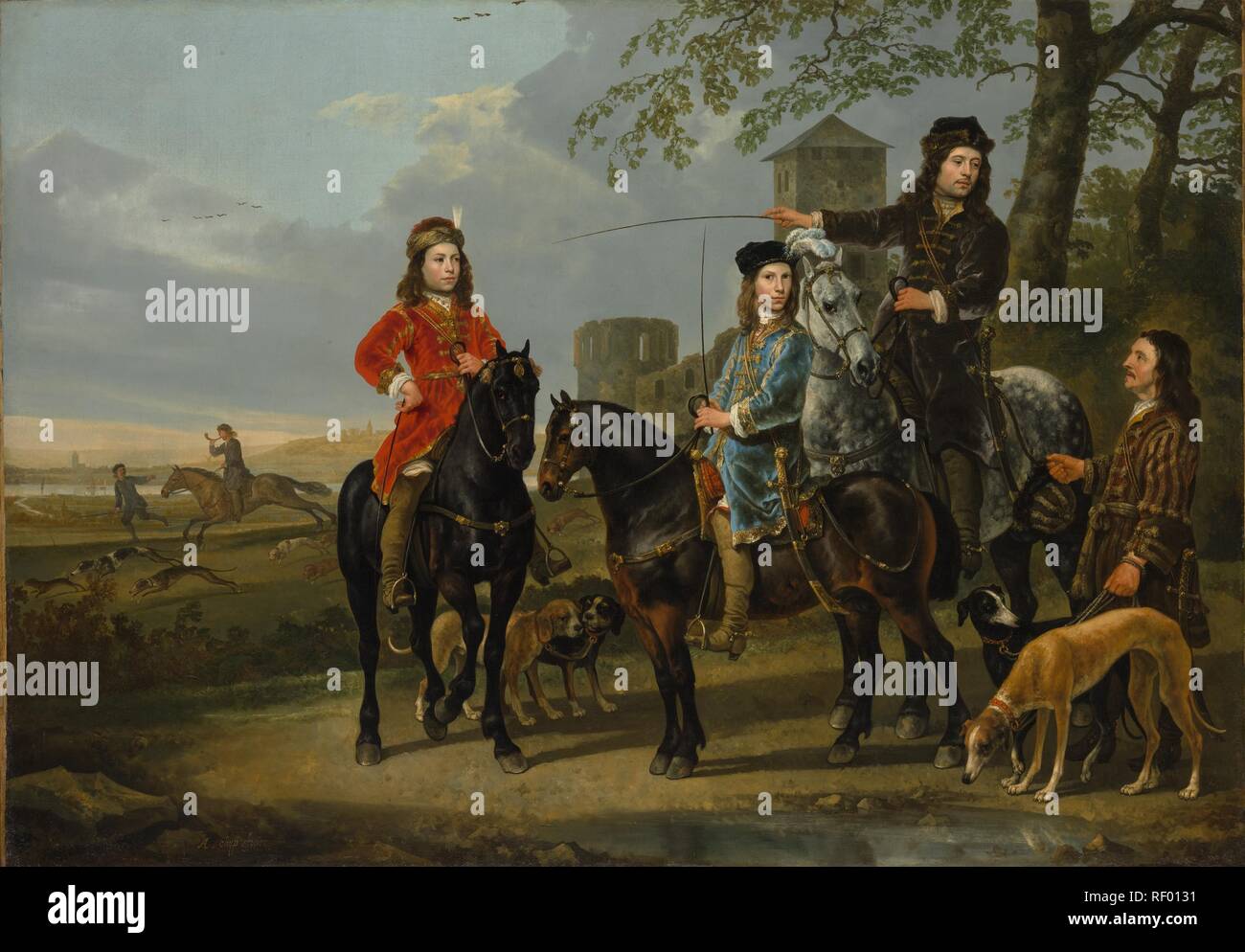 Aelbert Cuyp (Dutch, Dordrecht 1620â€“1691 Dordrecht) Equestrian Portrait of Cornelis (1639â€“1680) and Michiel Pompe van Meerdervoort (1638â€“1653) with Their Tutor and Coachman ('Starting for the Hunt'), ca. 1652â€“53 Oil on canvas; 43 1/4 x 61 1/2in. (109.9 x 156.2cm)  The Metropolitan Museum of Art, New York, The Friedsam Collection, Bequest of Michael Friedsam, 1931 (32.100.20) http://www.metmuseum.org/Collections/search-the-collections/436063 Stock Photo
